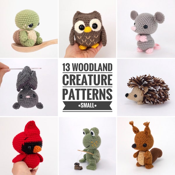 PATTERN PACK - 13 small woodland animal patterns - includes bat, bird, bunny, cardinal, chipmunk, frog, hedgehog, mouse, owl, and turtles!