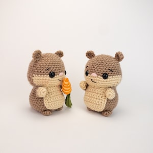 May include: Two brown crocheted stuffed hamsters, one holding a small orange carrot. The hamsters have black eyes and pink noses.