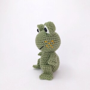 May include: A green crocheted frog toy with yellow spots on its face. The frog has black eyes and a white outline around the eyes.