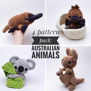 May include: A collection of four crocheted Australian animal patterns. Includes a brown platypus, a brown bird-like creature in a white basket, a gray koala with green leaves, and a brown kangaroo with a joey. The text "4 pattern pack: AUSTRALIAN ANIMALS" is also visible.
