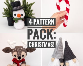 PATTERN PACK - 4 Christmas Pattern Pack - includes candy cane, deer, gnome, and snowman patterns - PDF Patterns - English only
