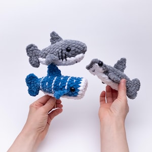 PATTERN PACK: 3 Mini Shark Patterns - amigurumi whale shark, hammerhead, and shark - low sew crochet shark patterns - PDF crochet pattern
