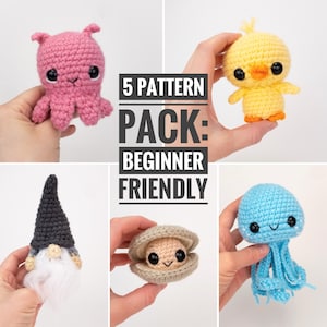 PATTERN PACK - 5 Beginner Patterns - My Easiest Crochet Patterns: Clam, Chick, Mini Gnome, Dumbo Octopus, and Jellyfish