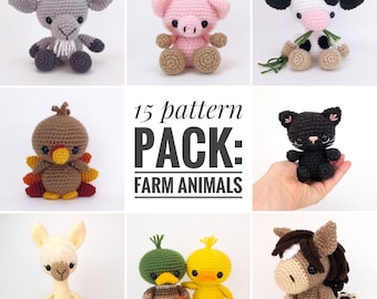 PATTERN PACK - 15 farm animals - cat, chick, chickens, cow, duck, donkey, goat, highland cow, horse, kitten, lamb, llama, pig, ram, turkey