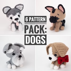 May include: Four crocheted dog figures, including a husky, German shepherd, schnauzer, and beagle, are displayed. Each dog is made with detailed features and sits on a white surface. The text "6 PATTERN PACK: DOGS" is displayed in the centre.