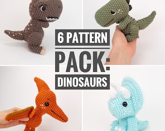 PATTERN PACK - 6 Pack Dinosaur Patterns - Brontosaurus, Pterodactyl, Stegosaurs, T-Rex, Triceratops, Velociraptor - PDF Patterns