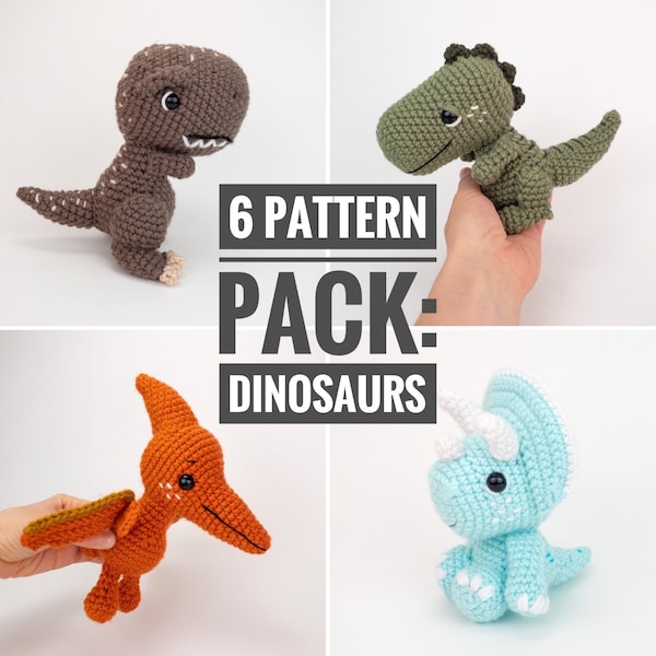 PATTERN PACK - 6 Pack Dinosaur Patterns - Brontosaurus, Pterodactyl, Stegosaurs, T-Rex, Triceratops, Velociraptor - PDF Patterns