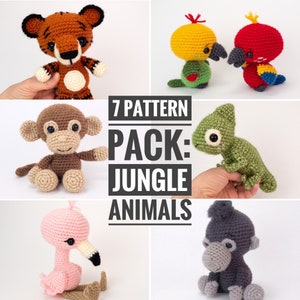 PATTERN PACK - 7 jungle patterns - includes chameleon, flamingo, gorilla, monkey, panda, parrot, and tiger  - PDF patterns only