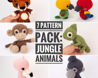 PATTERN PACK - 7 jungle patterns - includes chameleon, flamingo, gorilla, monkey, panda, parrot, and tiger  - PDF patterns only