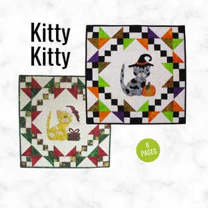 Kitty Kitty Wall Hanging Applique  Halloween or Christmas with a little kitten....full size templates PDF Quilted