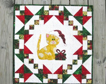 Kitty Kitty Wall Hanging Appliqued  Halloween or Christmas with a little kitten....full size templates PDF Quilted