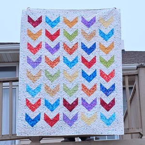 May include: A handmade quilt with a white background and a repeating pattern of colorful chevron shapes. The chevrons are in shades of red, orange, yellow, green, blue, and purple. The quilt is held up outdoors.