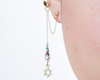 Star of David pendant & white Swarovski pearl and Turquoise and blue beaded, 14K Gold Filled ear cuff earring, the perfect gift for her