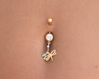 Gold dragonfly charm & white, purple and light blue Swarovski crystal beaded belly button ring, navel piercing, Amazing for any summer look