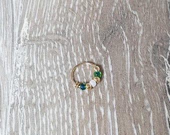 Green and White beaded Cartilage Piercing, Handmade Gold Filled / Silver Earring,  Nose Ring, Tragus, Helix, Daith, Rook