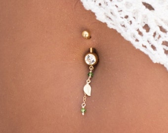 gift, Tiny leaf charm belly button piercing, green and gold navel ring,  little green accessory to complete your graduation