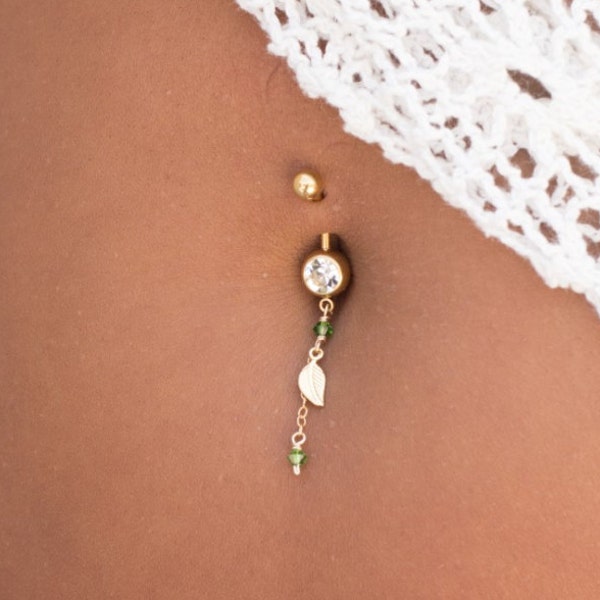 gift, Tiny leaf charm belly button piercing, green and gold navel ring,  little green accessory to complete your graduation
