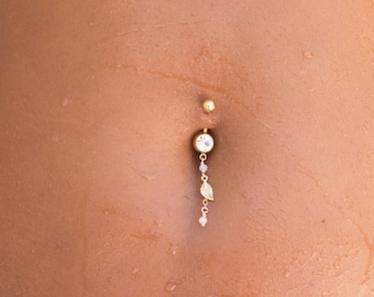 Gift Idea! Gold tiny leaf charm & pink Swarovski crystal beads belly piercing, navel ring, The touch of pink you need