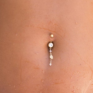 Gift Idea! Gold tiny leaf charm & pink Swarovski crystal beads belly piercing, navel ring, The touch of pink you need