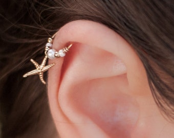 Idée cadeau Pendentif Starfish fait à la main & Swarovski Peal Beaded Piercing Hoop Boucle d’oreille, Helix, Tragus, Rook, Daith, Un cadeau pour une vraie star