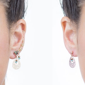Gold Filled, Jade, Citrine & Turquoise gemstone beaded climber earring + matching ethnic teardrop pendant, the most unique graduation gift