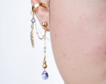 This handmade set, Gold Filled Feather Ear Cuff + MATCHING Purple Swarovski Dangle Earring, is all you need for your summer wedding jewelry