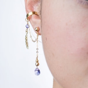 This handmade set, Gold Filled Feather Ear Cuff + MATCHING Purple Swarovski Dangle Earring, is all you need for your summer wedding jewelry