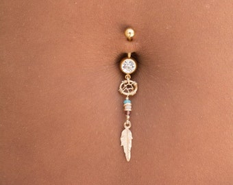 Gift Idea! Gold Boho chic dream catcher belly button ring, feather navel piercing. A beautiful piece of jewelry