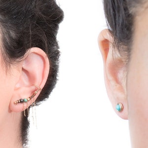 Gold Rock Glam Fringe Ear Cuff + Matching Turquoise Stud Earring, Black Hematite and Turquoise Gemstone Climber Earring, Boho Chic Earcuff