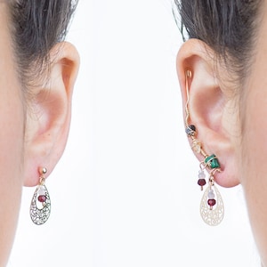 Genuine Tourmaline, yellow Citrine, and green Malachite raw gemstone beaded, ear climber & matching stud set, perfect graduation gift idea