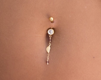 Gift Idea, Gold leaf charm, belly button ring, Boho Chic piercing, navel ring. This beauty is all you need to complete a summer jewelry