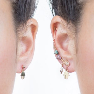 Hamsa climber earring set, with Turquoise, Amethyst and Citrine gemstones and matching hamsa pendant stud, missmatched ear wrap and stud set