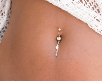 Handmade belly button ring with a leaf charm, and two light blue Swarovski crystal beads,A unique Gold Filled gift for her