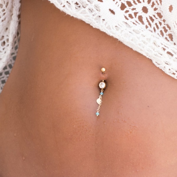 Handmade belly button ring with a leaf charm, and two light blue Swarovski crystal beads,A unique Gold Filled gift for her