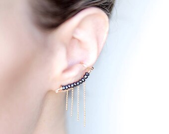 Hematite gemstone beaded & Gold Filled / Sterling Silver fringed climber earring, the perfect graduation jewelry for a true rocker soul