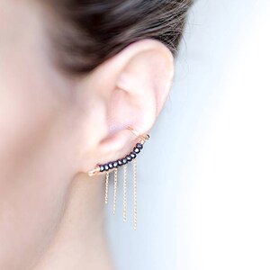 Hematite gemstone beaded & Gold Filled / Sterling Silver fringed climber earring, the perfect graduation jewelry for a true rocker soul