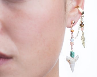 boucle d'oreille chic boho, manchette d'oreille de dent de requin, chaîne de manchette d'oreille, manchette d'oreille de rose, manchette d'oreille d'or, boucle d'oreille de goujon, cadeau pour elle, bande d'oreille