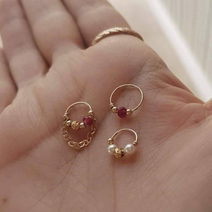 Gift Idea Tragus Chain Piercing, Gold Filled / Silver Cartilage Earring, Pearl and Ruby Bead, Tragus, Helix, Daith, Rook. gift Idea