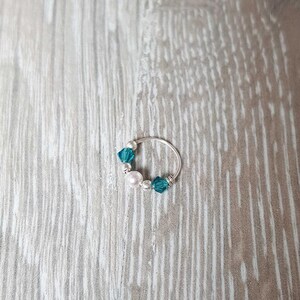 Gift Idea Pearl and blue Cartilage Piercing, Pearl Gemstone,Blue Swarovski bead, Nose Ring, Tragus, Helix, Daith, Rook. A festive look