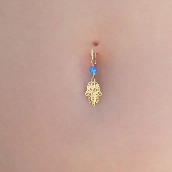 Gold / Silver Hamsa pendant & a blue opal stone belly button piercing, The perfect bridesmaid gift for a loved one you want to protect