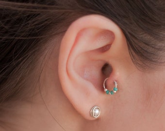 The Perfect Tragus Earring For A Graduation Jewelry Look Or Gift, Gold \ Silver \ Turquoise Beaded Hoop Earring, Helix, Daith, Rook