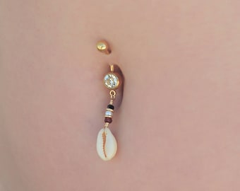 The perfect Coachella look for beach lovers, A gold filled Cowrie shell & Swarovski beaded belly button ring, navel piercing