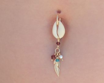 gift idea Sterling Silver / Gold Filled Cowrie shell, feather pendant & pearl bead belly button piercing, a special look!