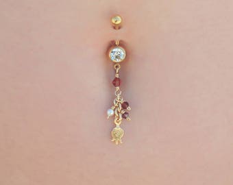 Gold Filled pomegranate pendant, Swarovski pearl & red and purple beaded belly button piercing, navel ring, for a perfect summer look