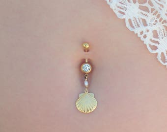 14K Goldfilled Seashell & Pearl Swarovski bead belly button piercing, navel ring, The perfect summer outfit addition for a sea lover