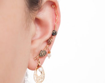 An ethnic, Gold Filled, green & smoky purple and black, Tourmaline gemstone climber earring, the ultimate jewelry for a graduation gift