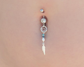 gift idea, Silver dream catcher, feather pendant & pearl belly button piercing, navel ring, Your outfit addition summer look