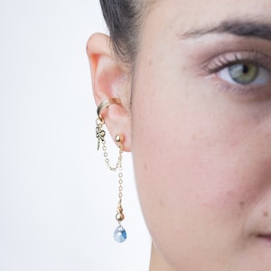 Gold dragonfly ear cuff + MATCHING dangle earring set, dragonfly dangle ear cuff earring, light blue Swarovski crystal gold ear cuff earring