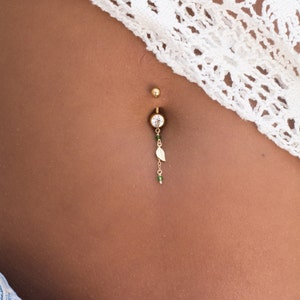 gift, Tiny leaf charm belly button piercing, green and gold navel ring, little green accessory to complete your graduation image 3