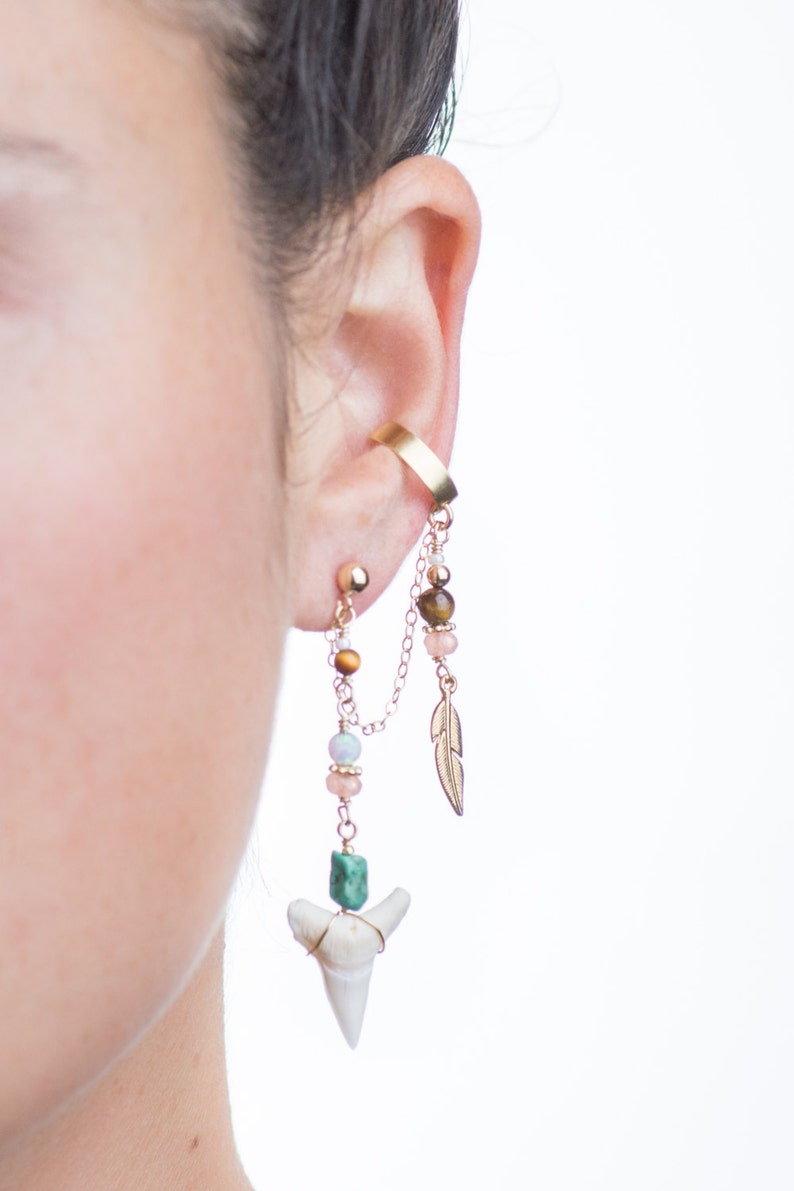 boho chic ear cuff earring, shark tooth ear cuff, Ear cuff chain, Rose ear cuff, gold ear cuff, stud earring, gift for her, ear band image 2